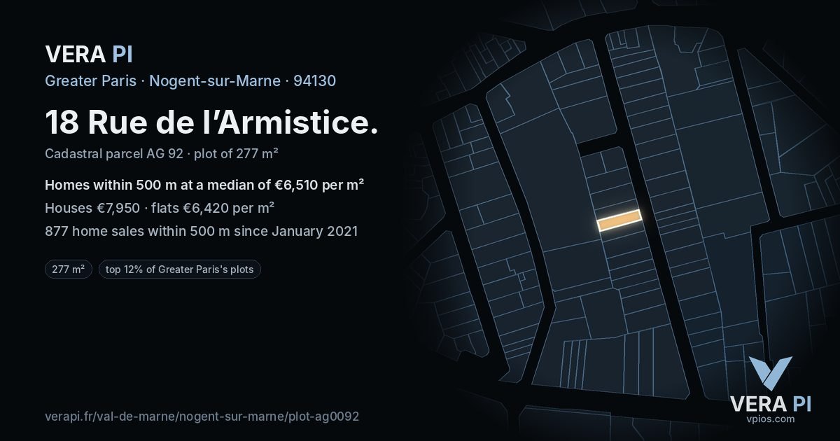 18 Rue de l’Armistice, Nogent-sur-Marne at night – the plot lit, the parcels around coloured by the prices near them