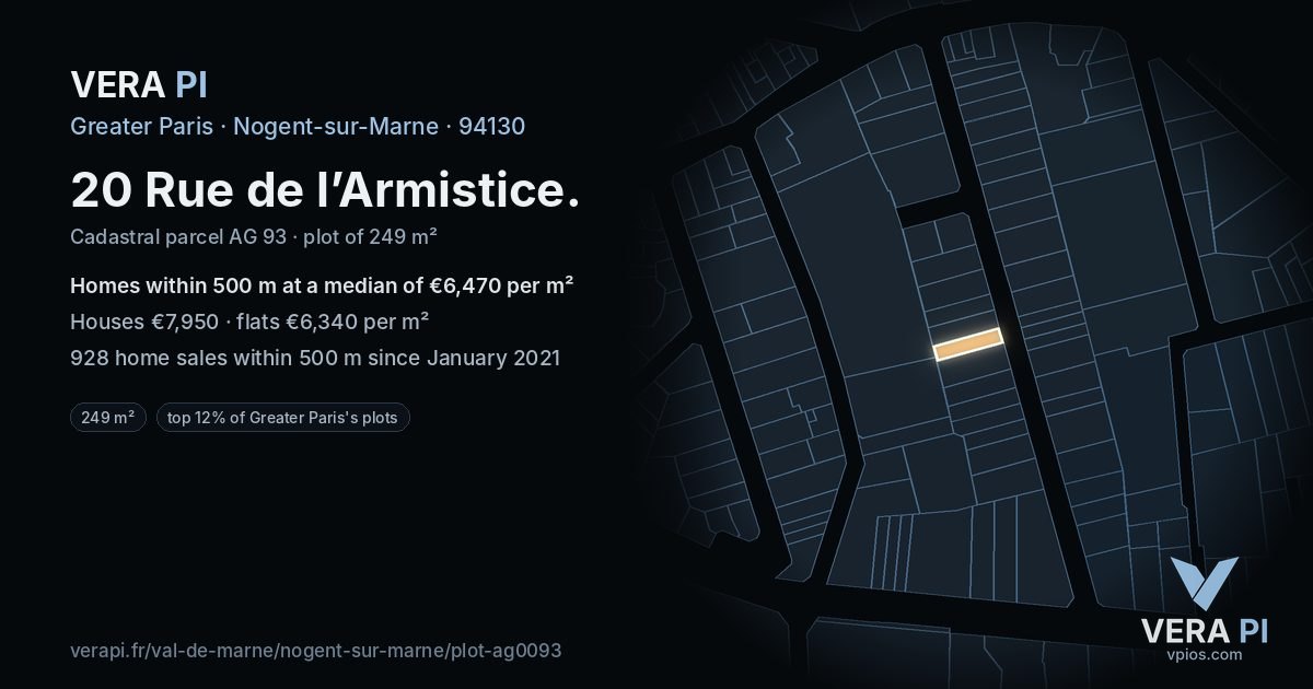 20 Rue de l’Armistice, Nogent-sur-Marne at night – the plot lit, the parcels around coloured by the prices near them