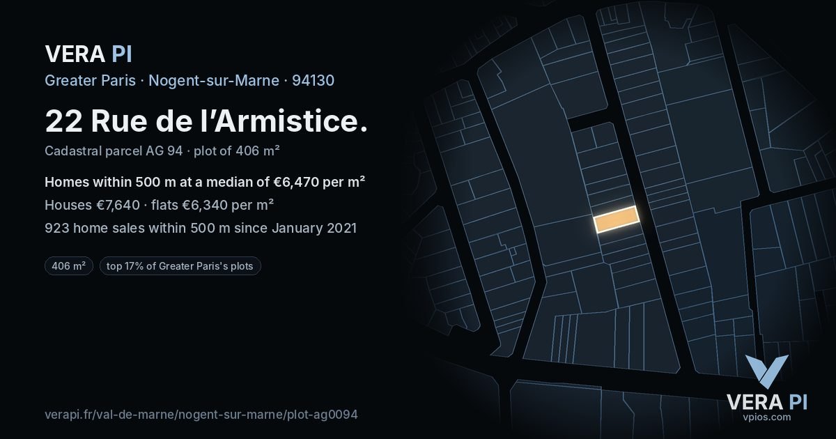 22 Rue de l’Armistice, Nogent-sur-Marne at night – the plot lit, the parcels around coloured by the prices near them