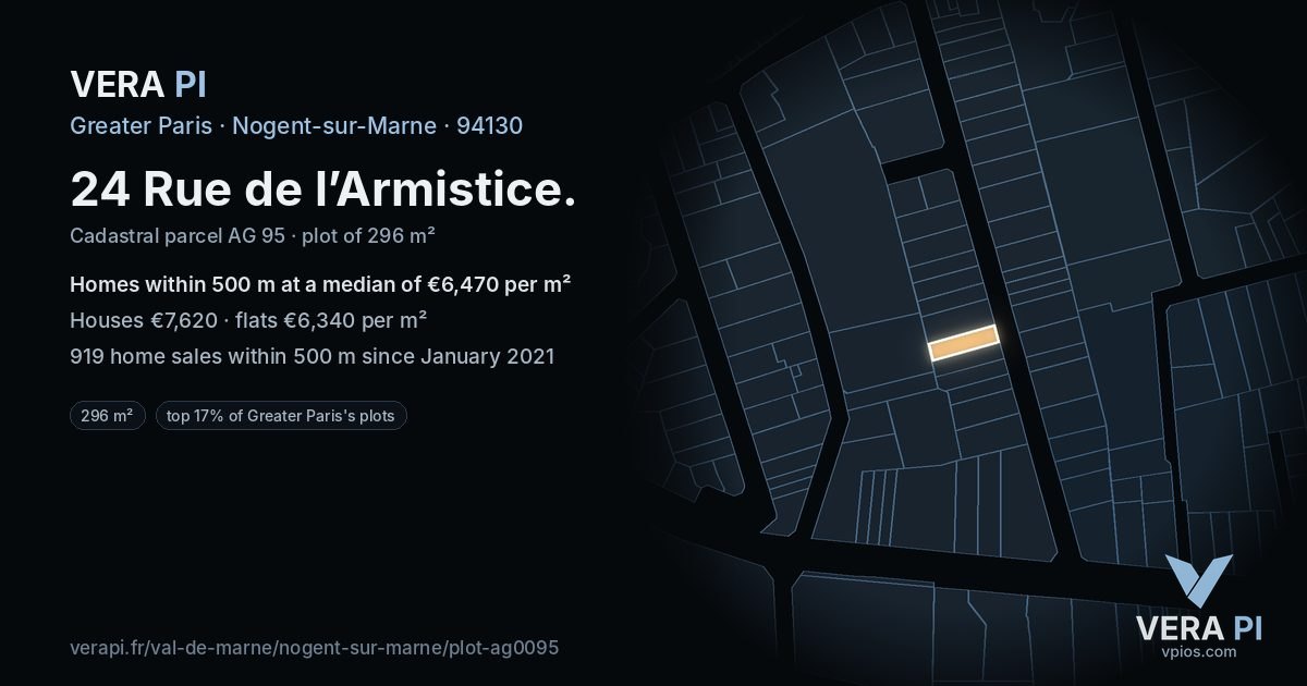 24 Rue de l’Armistice, Nogent-sur-Marne at night – the plot lit, the parcels around coloured by the prices near them