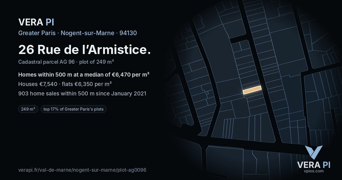 26 Rue de l’Armistice, Nogent-sur-Marne at night – the plot lit, the parcels around coloured by the prices near them