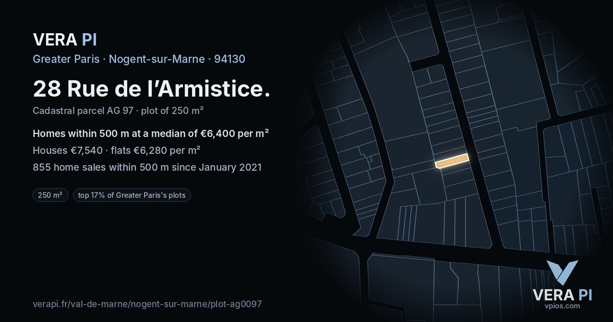 28 Rue de l’Armistice, Nogent-sur-Marne at night – the plot lit, the parcels around coloured by the prices near them