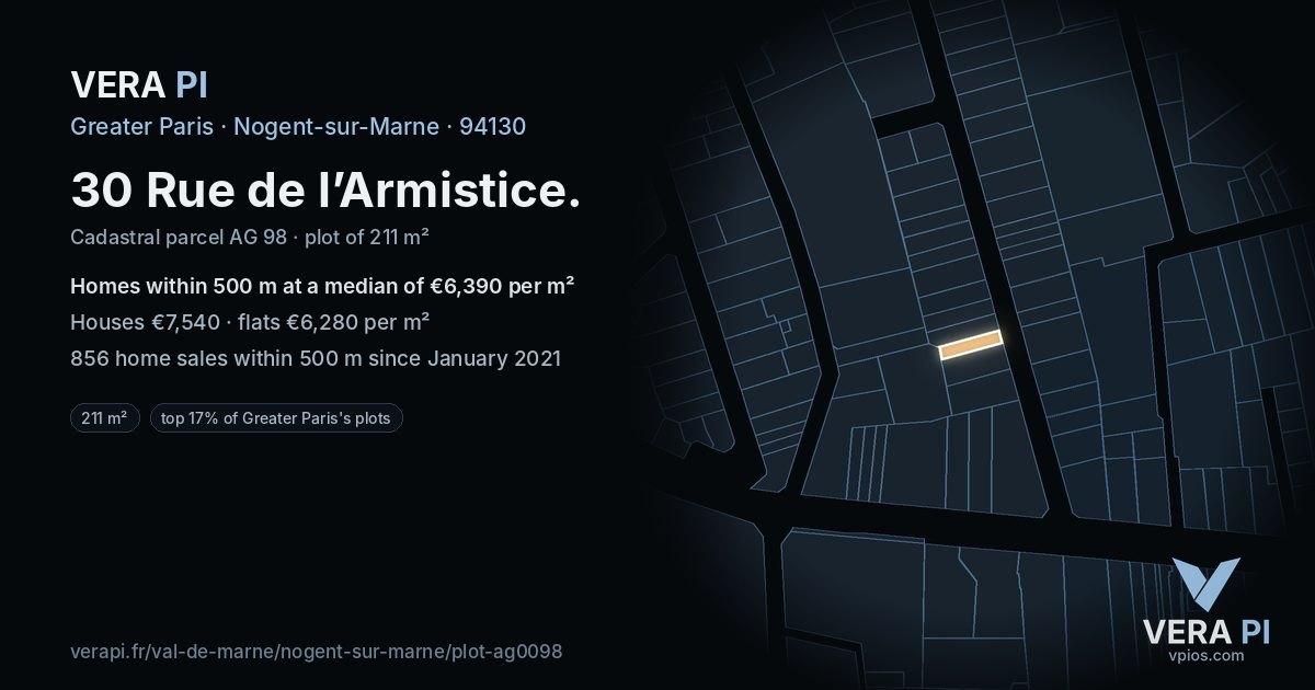 30 Rue de l’Armistice, Nogent-sur-Marne at night – the plot lit, the parcels around coloured by the prices near them
