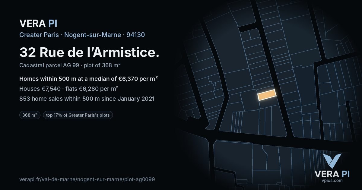 32 Rue de l’Armistice, Nogent-sur-Marne at night – the plot lit, the parcels around coloured by the prices near them