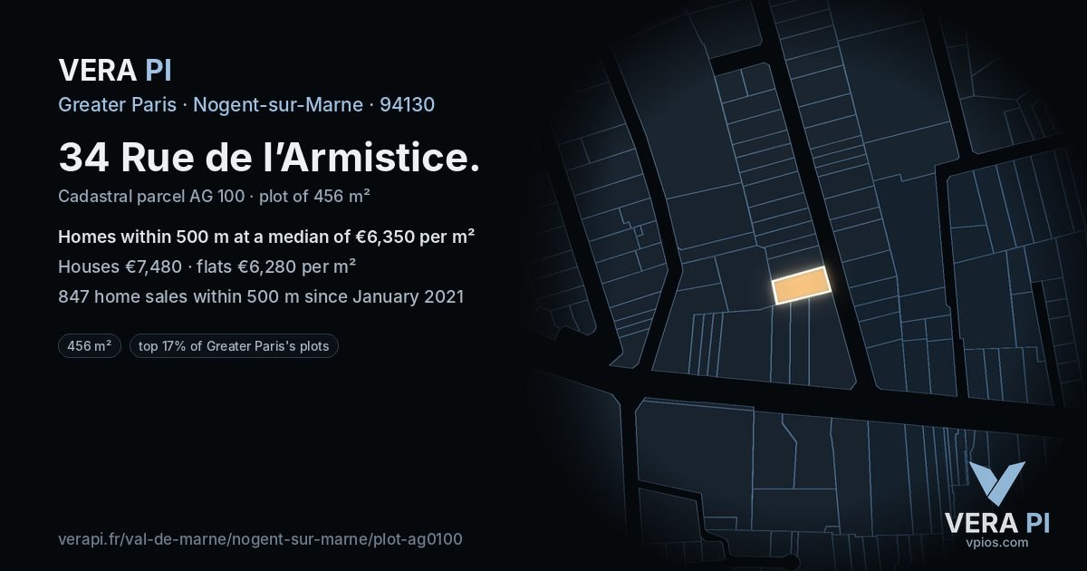 34 Rue de l’Armistice, Nogent-sur-Marne at night – the plot lit, the parcels around coloured by the prices near them
