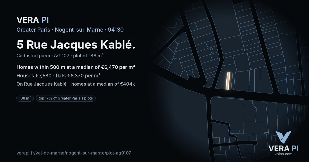 5 Rue Jacques Kablé, Nogent-sur-Marne at night – the plot lit, the parcels around coloured by the prices near them