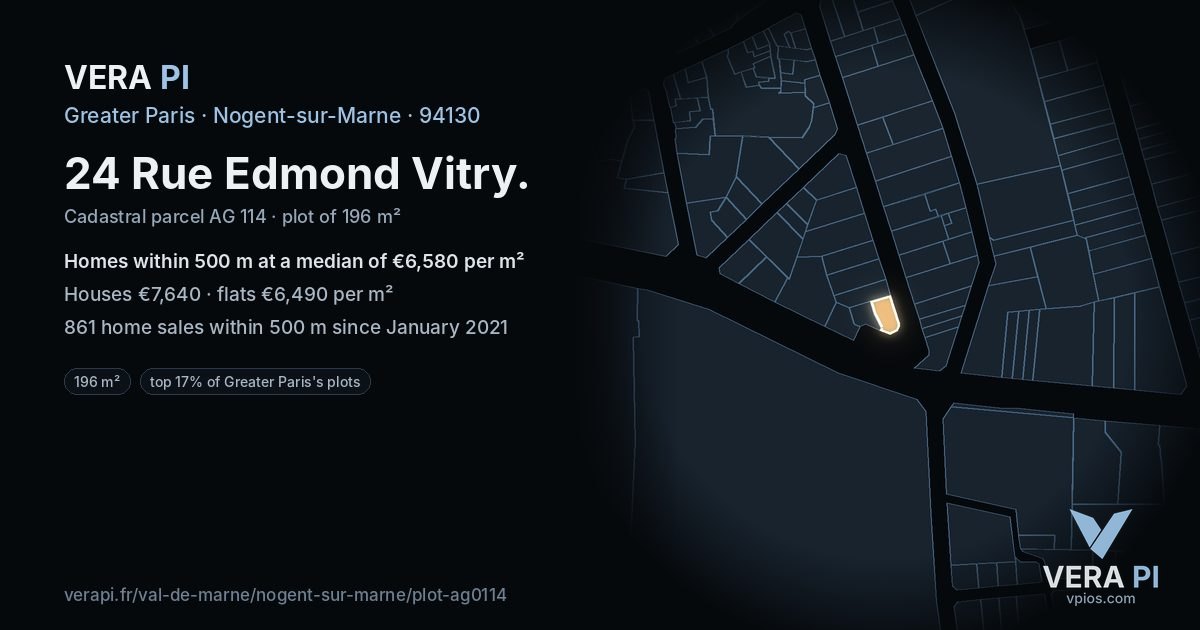 24 Rue Edmond Vitry, Nogent-sur-Marne at night – the plot lit, the parcels around coloured by the prices near them
