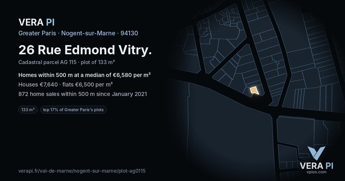 26 Rue Edmond Vitry, Nogent-sur-Marne at night – the plot lit, the parcels around coloured by the prices near them