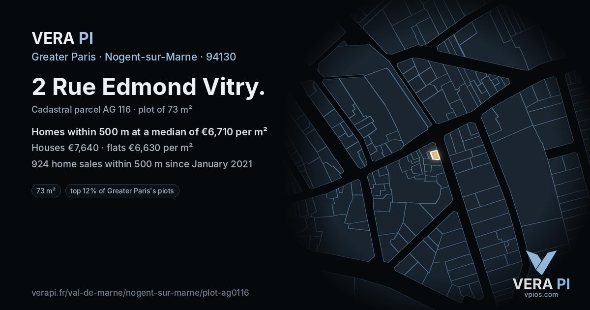 2 Rue Edmond Vitry, Nogent-sur-Marne at night – the plot lit, the parcels around coloured by the prices near them