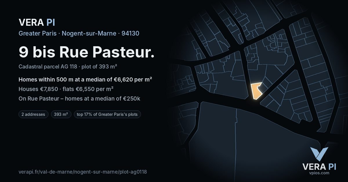 9 bis Rue Pasteur, Nogent-sur-Marne at night – the plot lit, the parcels around coloured by the prices near them