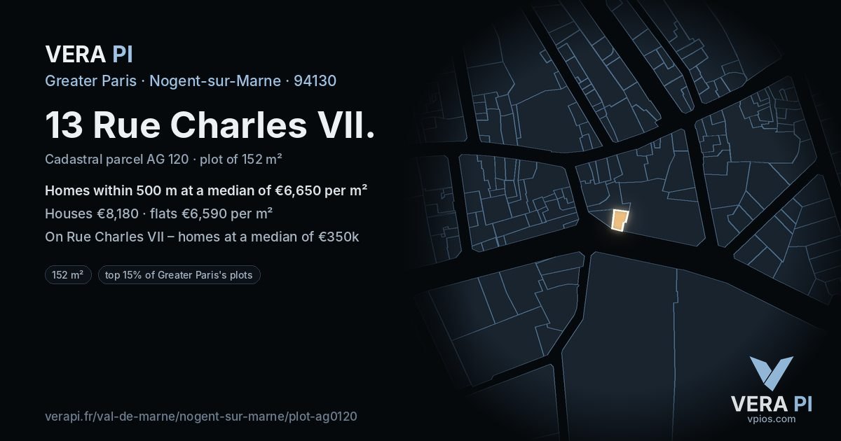 13 Rue Charles VII, Nogent-sur-Marne at night – the plot lit, the parcels around coloured by the prices near them