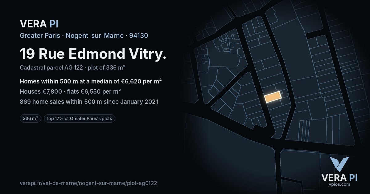19 Rue Edmond Vitry, Nogent-sur-Marne at night – the plot lit, the parcels around coloured by the prices near them
