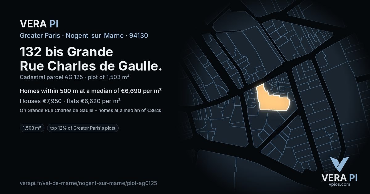 132 bis Grande Rue Charles de Gaulle, Nogent-sur-Marne at night – the plot lit, the parcels around coloured by the prices near them