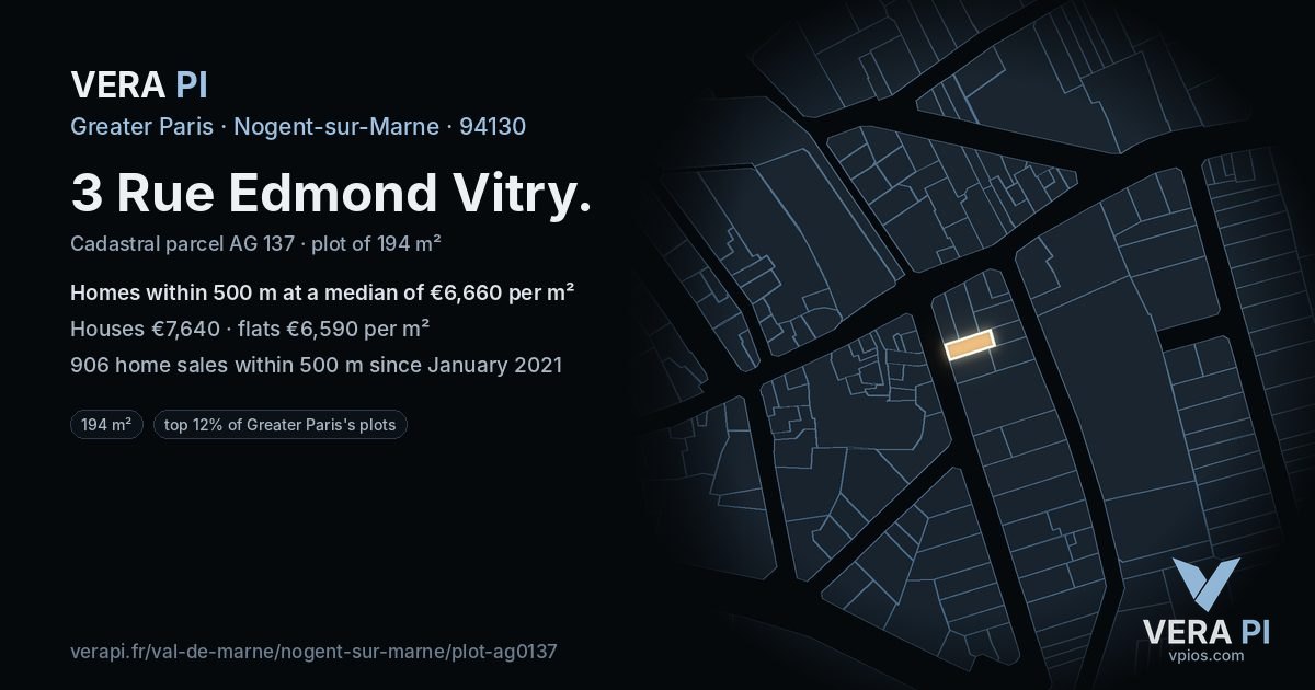 3 Rue Edmond Vitry, Nogent-sur-Marne at night – the plot lit, the parcels around coloured by the prices near them