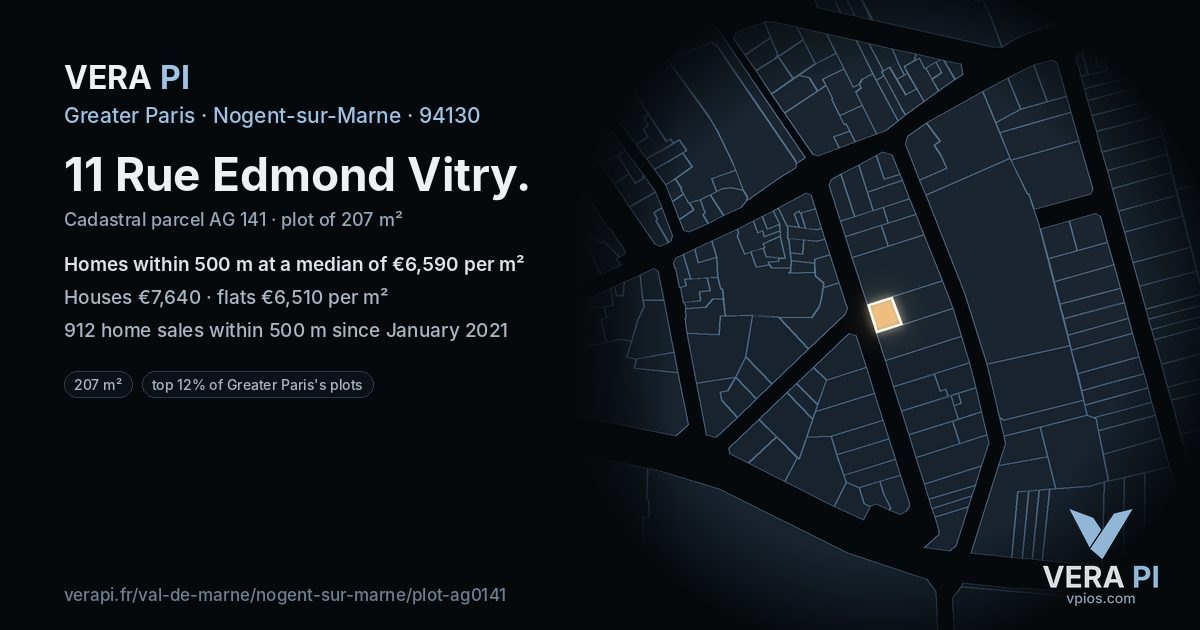 11 Rue Edmond Vitry, Nogent-sur-Marne at night – the plot lit, the parcels around coloured by the prices near them