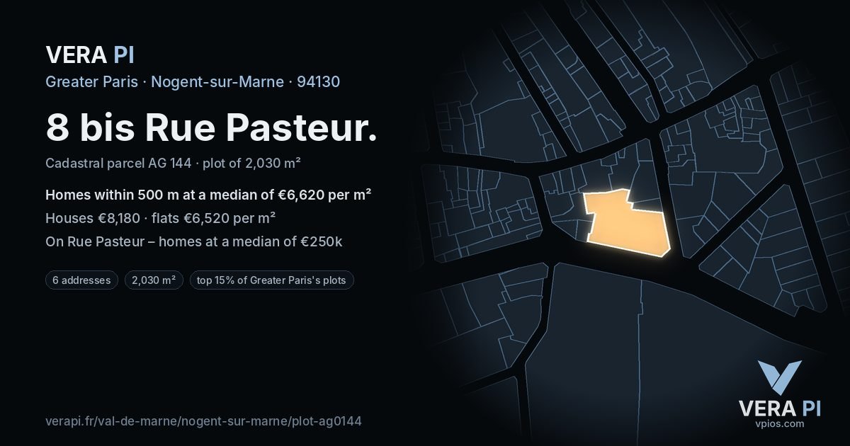 8 bis Rue Pasteur, Nogent-sur-Marne at night – the plot lit, the parcels around coloured by the prices near them