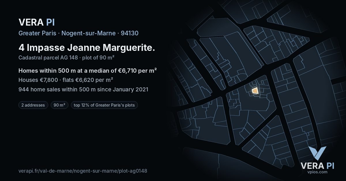 4 Impasse Jeanne Marguerite, Nogent-sur-Marne at night – the plot lit, the parcels around coloured by the prices near them