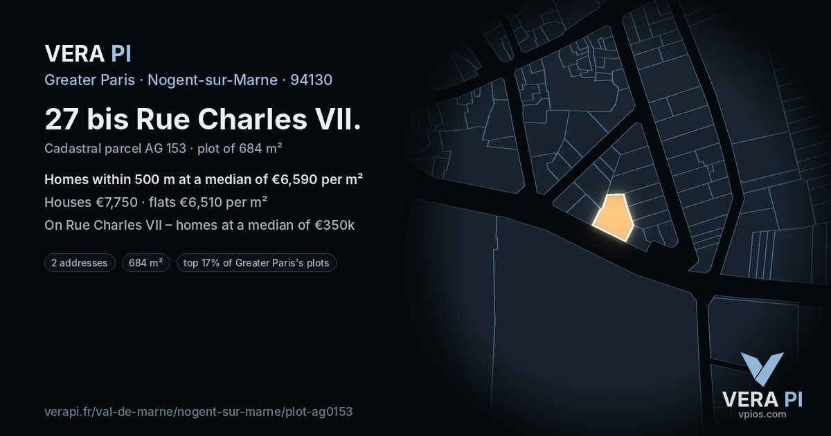 27 bis Rue Charles VII, Nogent-sur-Marne at night – the plot lit, the parcels around coloured by the prices near them
