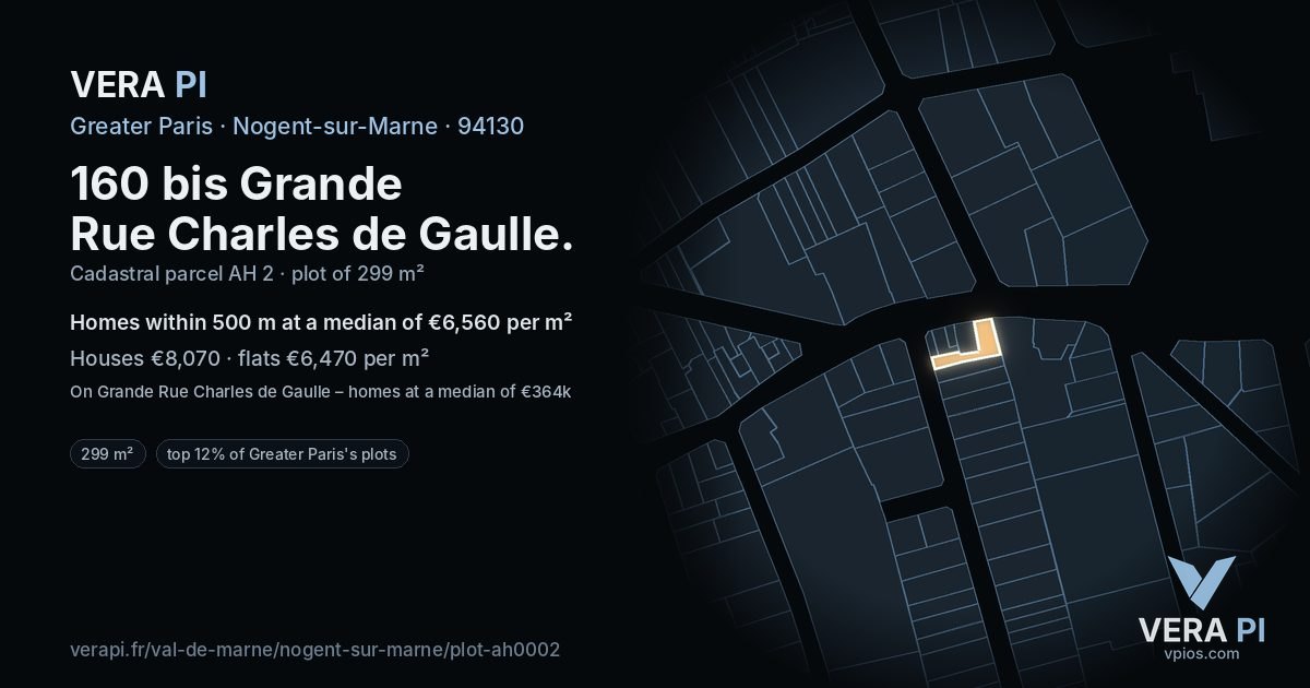 160 bis Grande Rue Charles de Gaulle, Nogent-sur-Marne at night – the plot lit, the parcels around coloured by the prices near them