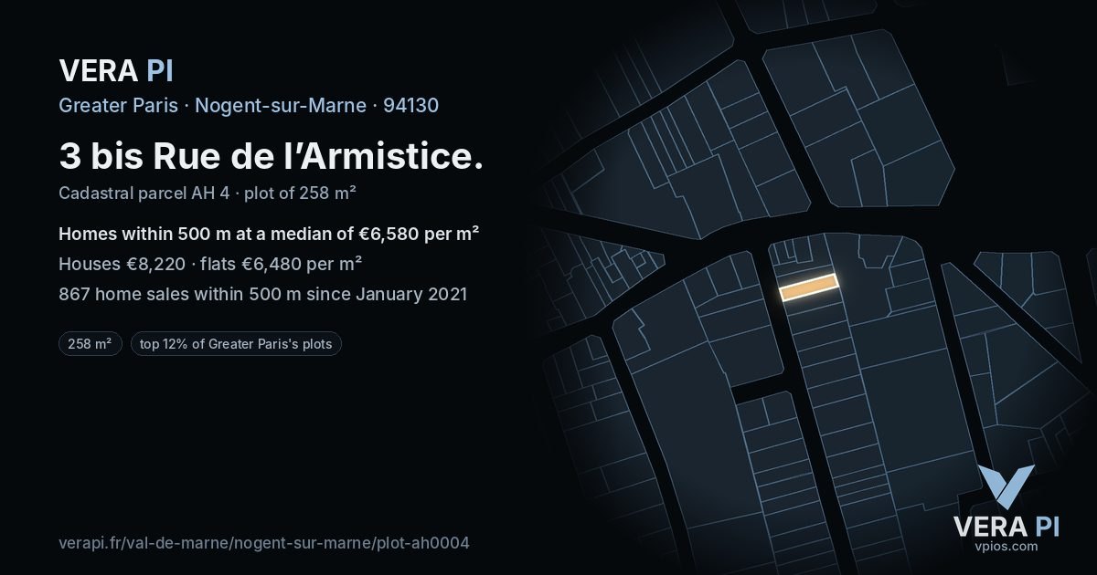 3 bis Rue de l’Armistice, Nogent-sur-Marne at night – the plot lit, the parcels around coloured by the prices near them
