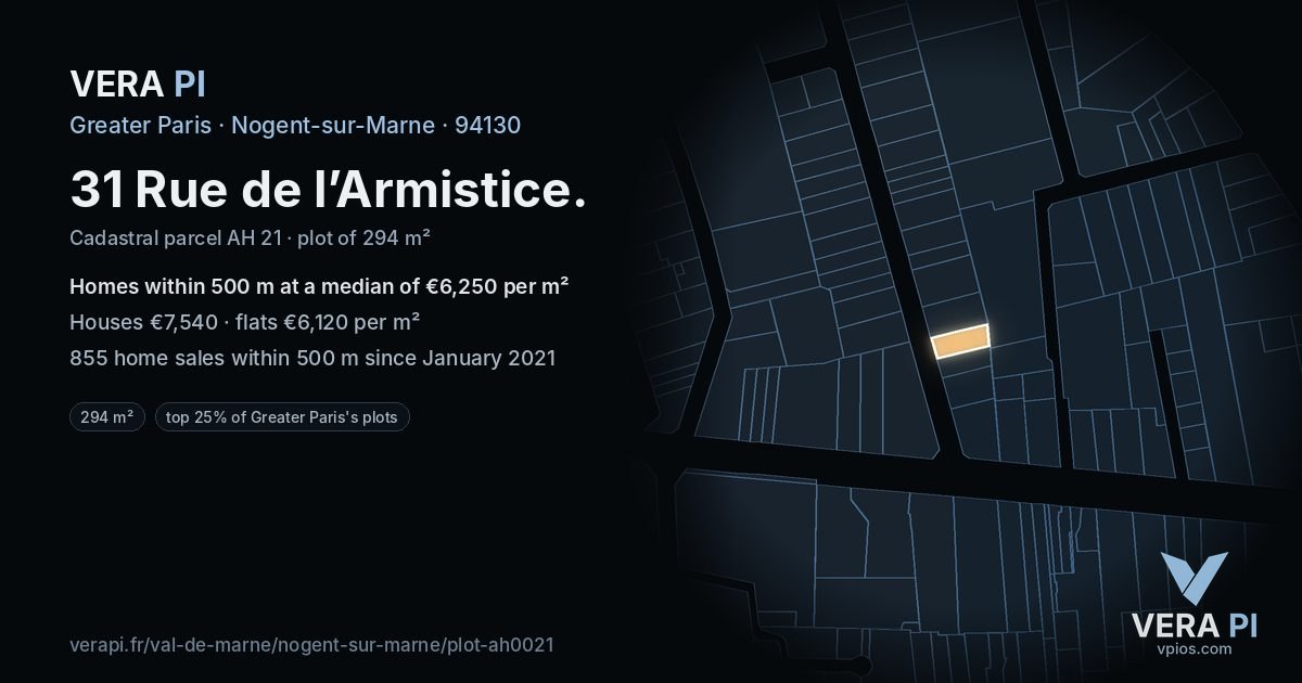31 Rue de l’Armistice, Nogent-sur-Marne at night – the plot lit, the parcels around coloured by the prices near them