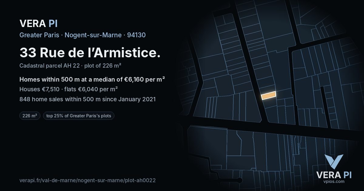 33 Rue de l’Armistice, Nogent-sur-Marne at night – the plot lit, the parcels around coloured by the prices near them