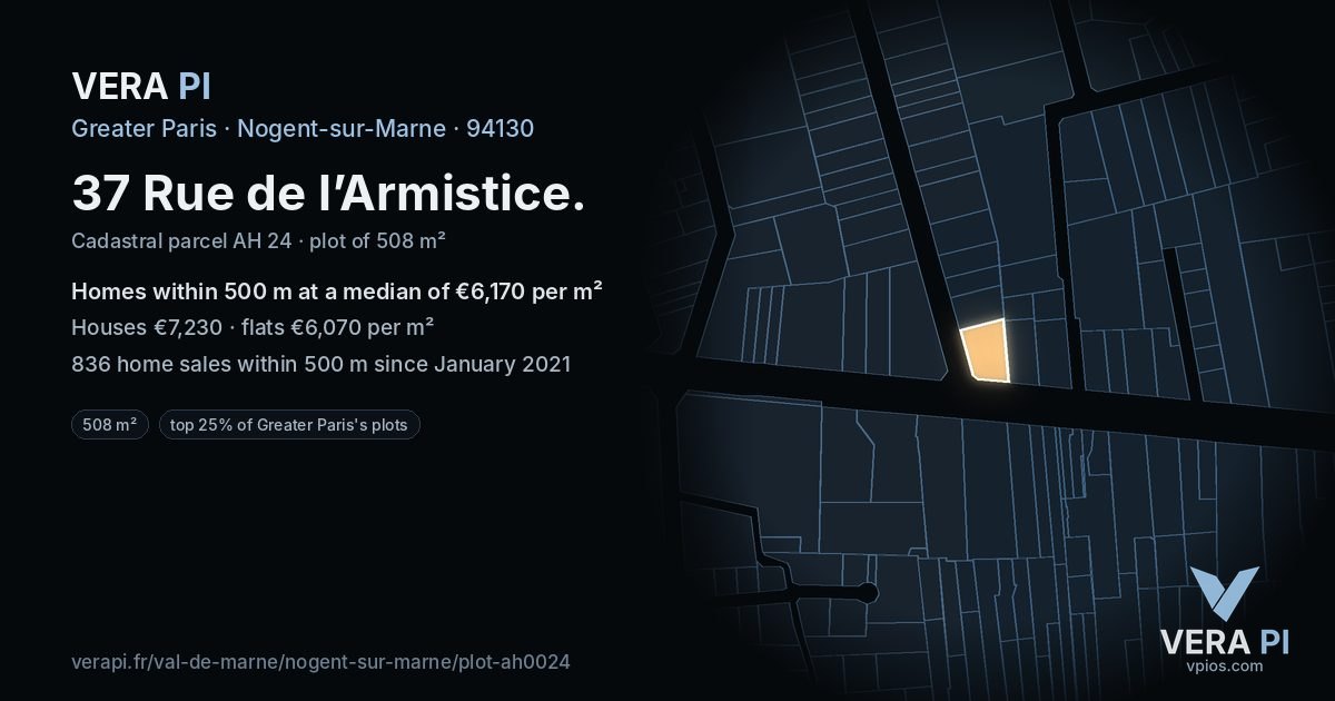 37 Rue de l’Armistice, Nogent-sur-Marne at night – the plot lit, the parcels around coloured by the prices near them
