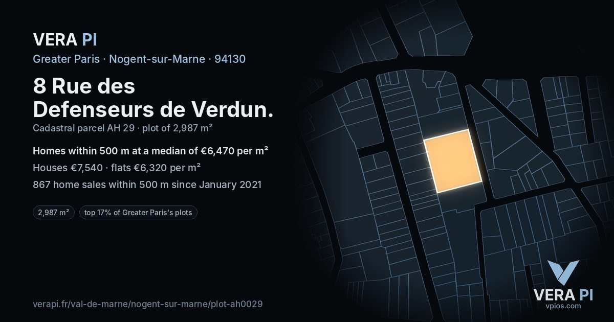 8 Rue des Defenseurs de Verdun, Nogent-sur-Marne at night – the plot lit, the parcels around coloured by the prices near them
