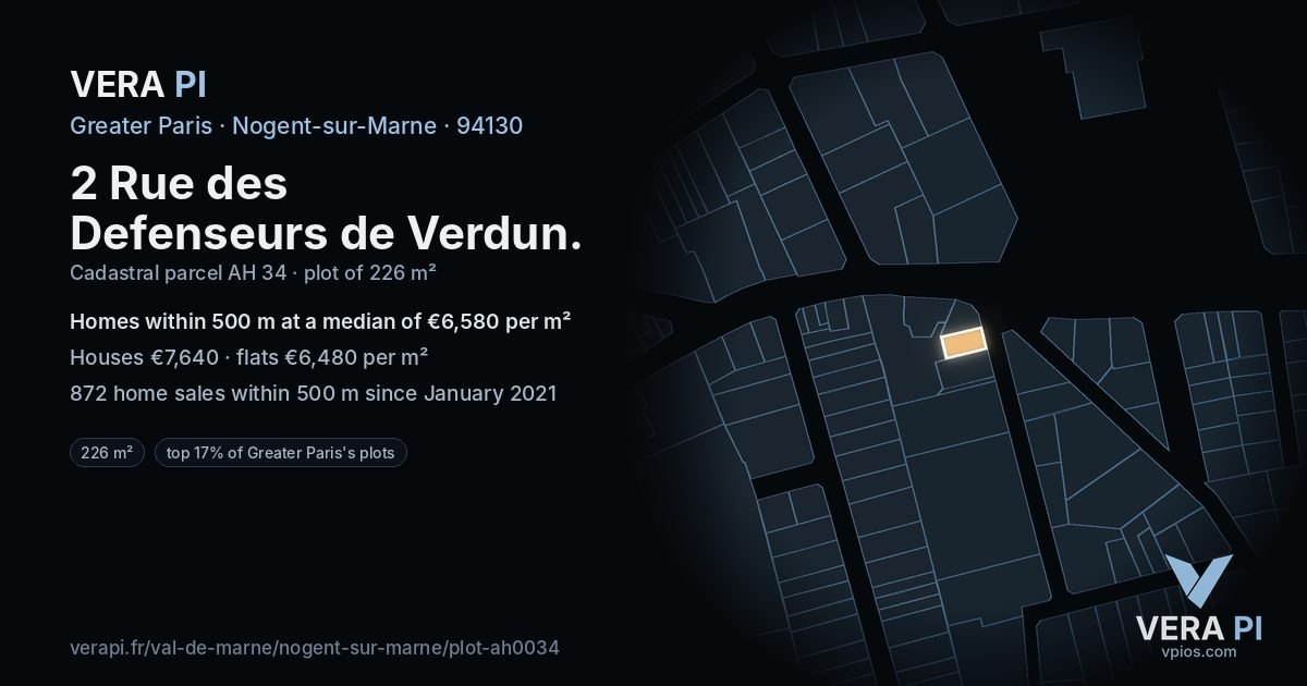 2 Rue des Defenseurs de Verdun, Nogent-sur-Marne at night – the plot lit, the parcels around coloured by the prices near them