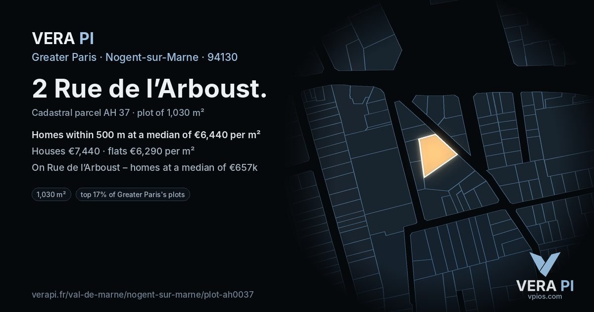 2 Rue de l’Arboust, Nogent-sur-Marne at night – the plot lit, the parcels around coloured by the prices near them