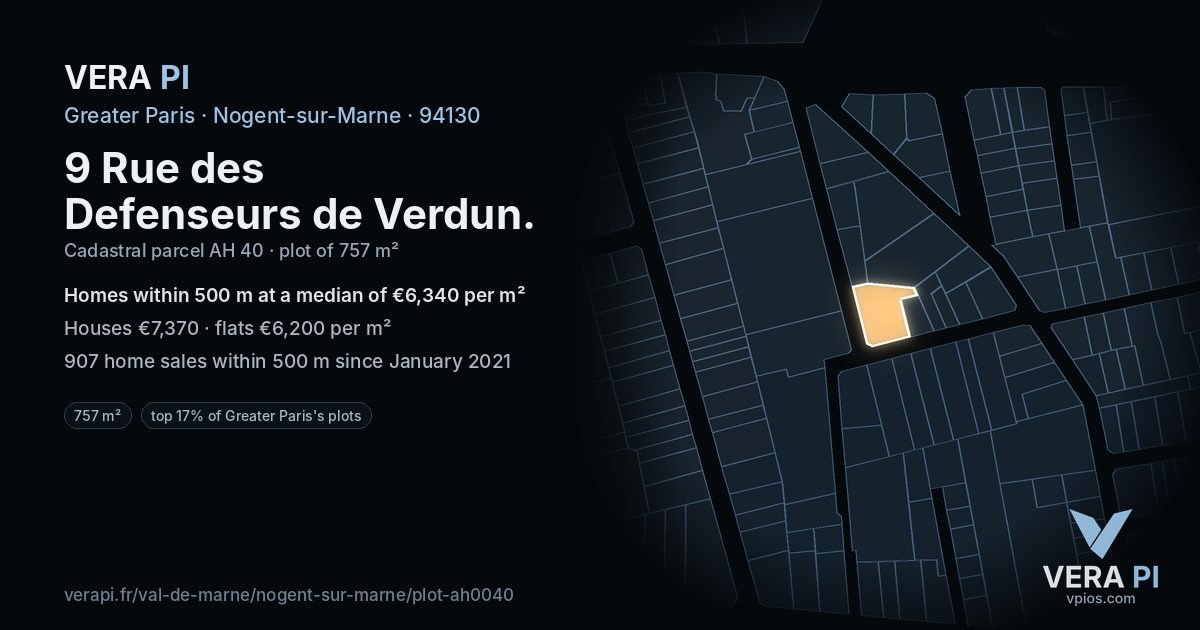 9 Rue des Defenseurs de Verdun, Nogent-sur-Marne at night – the plot lit, the parcels around coloured by the prices near them