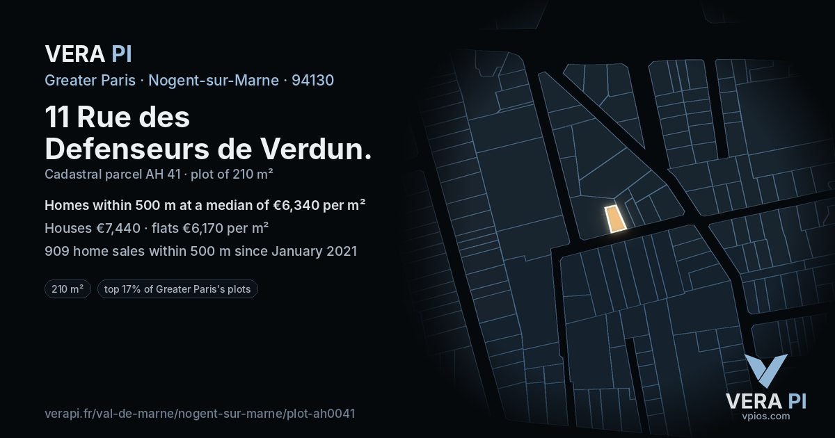 11 Rue des Defenseurs de Verdun, Nogent-sur-Marne at night – the plot lit, the parcels around coloured by the prices near them