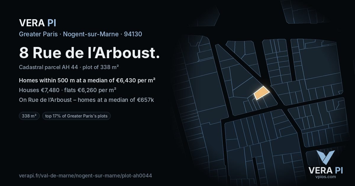 8 Rue de l’Arboust, Nogent-sur-Marne at night – the plot lit, the parcels around coloured by the prices near them