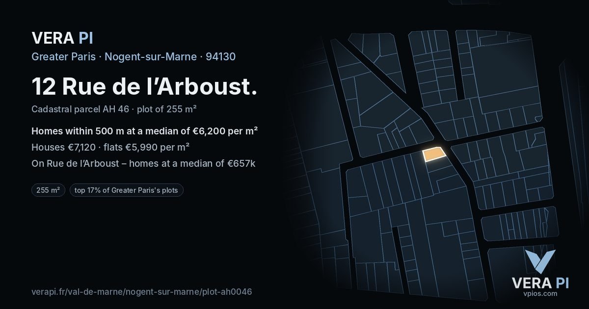12 Rue de l’Arboust, Nogent-sur-Marne at night – the plot lit, the parcels around coloured by the prices near them