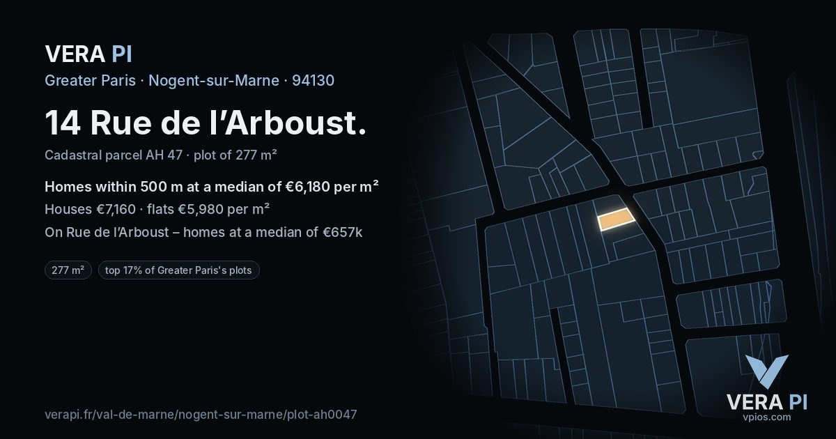 14 Rue de l’Arboust, Nogent-sur-Marne at night – the plot lit, the parcels around coloured by the prices near them