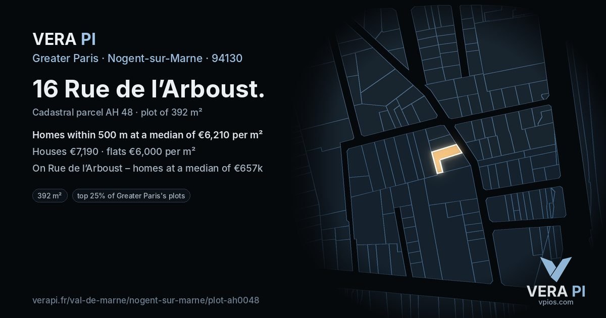 16 Rue de l’Arboust, Nogent-sur-Marne at night – the plot lit, the parcels around coloured by the prices near them