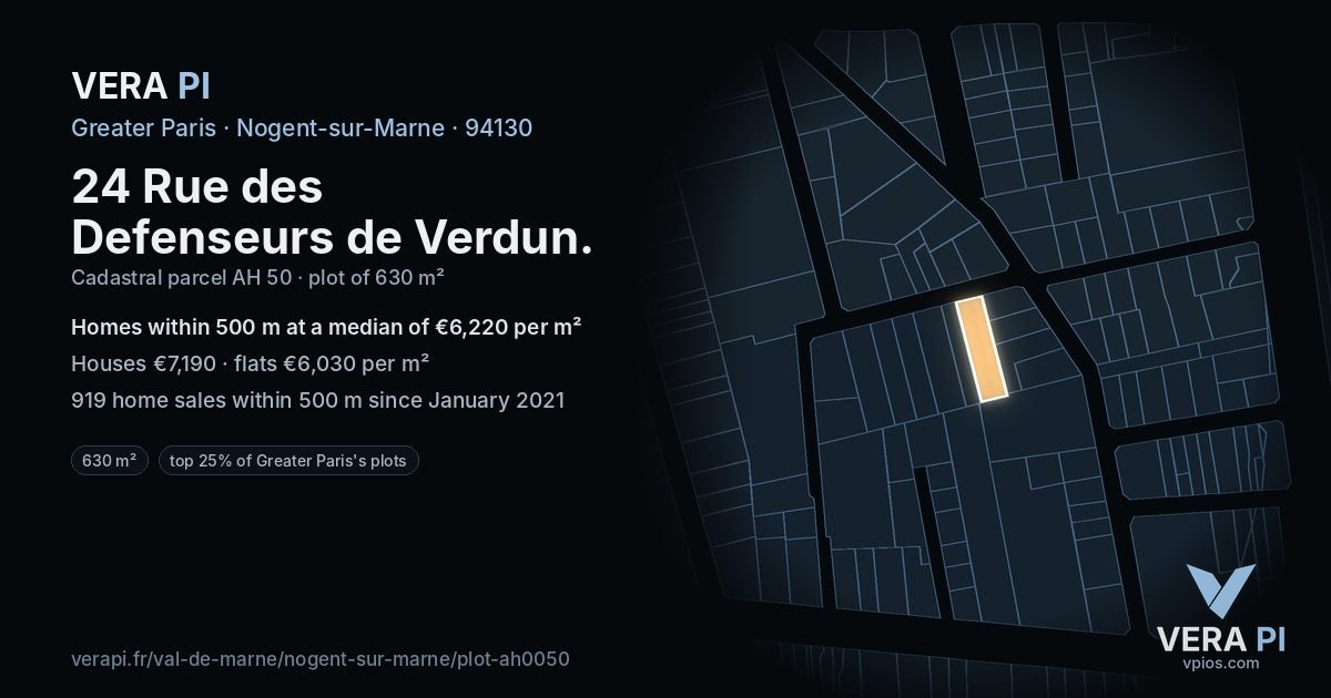 24 Rue des Defenseurs de Verdun, Nogent-sur-Marne at night – the plot lit, the parcels around coloured by the prices near them