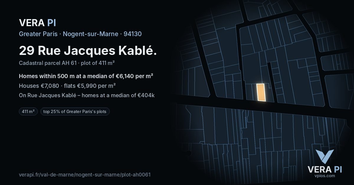 29 Rue Jacques Kablé, Nogent-sur-Marne at night – the plot lit, the parcels around coloured by the prices near them