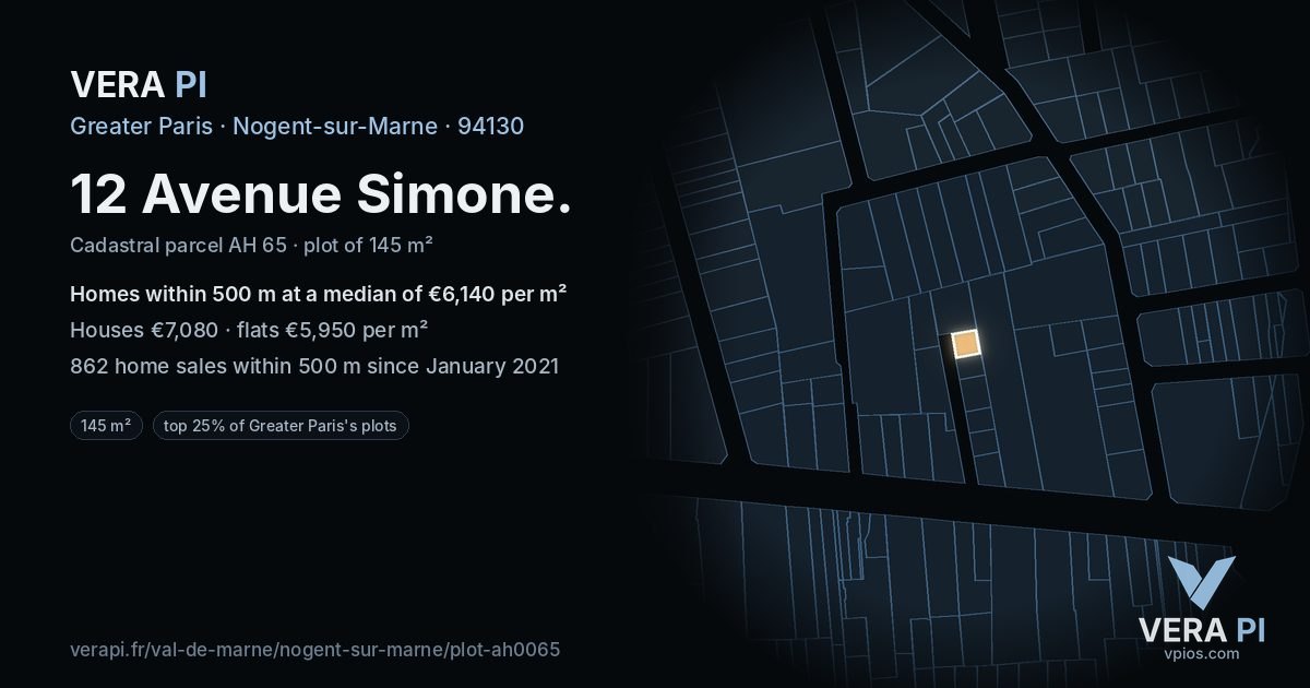 12 Avenue Simone, Nogent-sur-Marne at night – the plot lit, the parcels around coloured by the prices near them