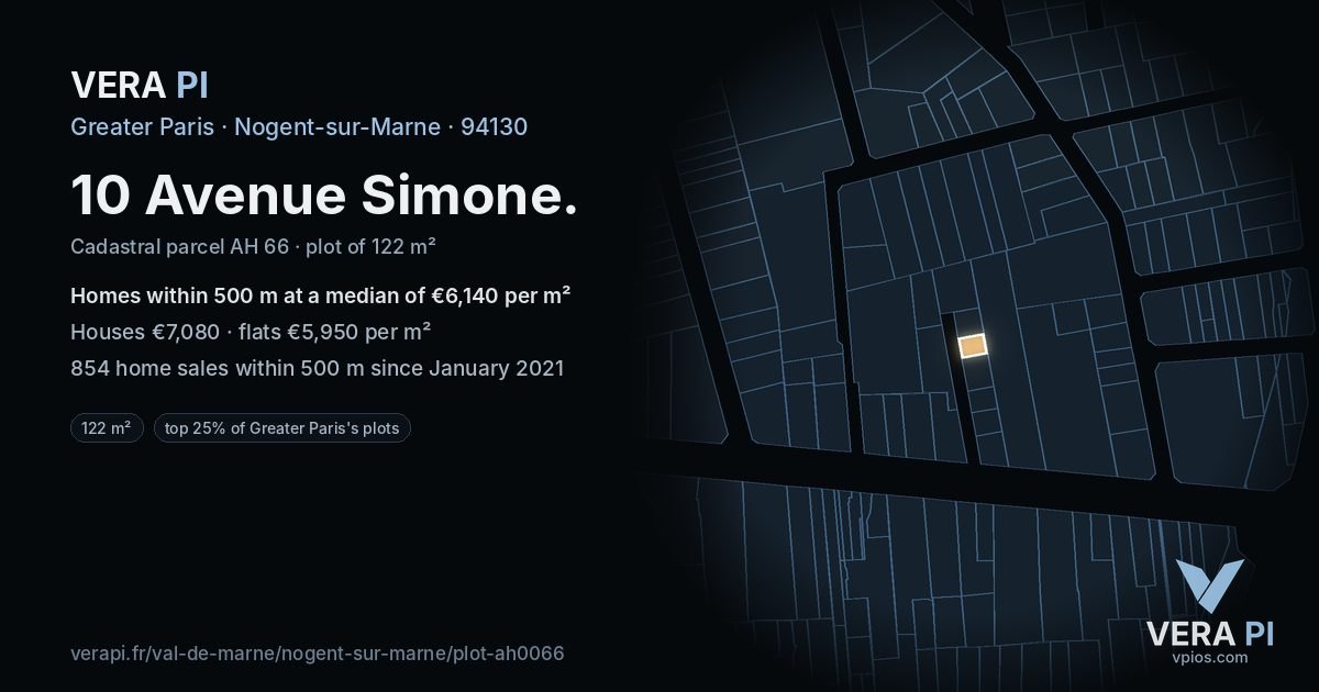10 Avenue Simone, Nogent-sur-Marne at night – the plot lit, the parcels around coloured by the prices near them