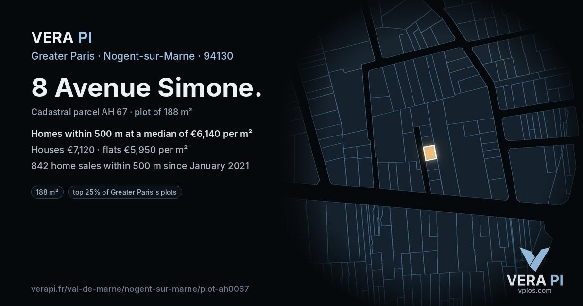 8 Avenue Simone, Nogent-sur-Marne at night – the plot lit, the parcels around coloured by the prices near them