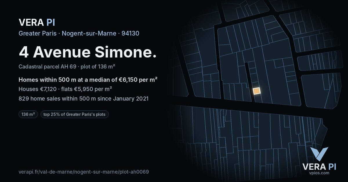 4 Avenue Simone, Nogent-sur-Marne at night – the plot lit, the parcels around coloured by the prices near them