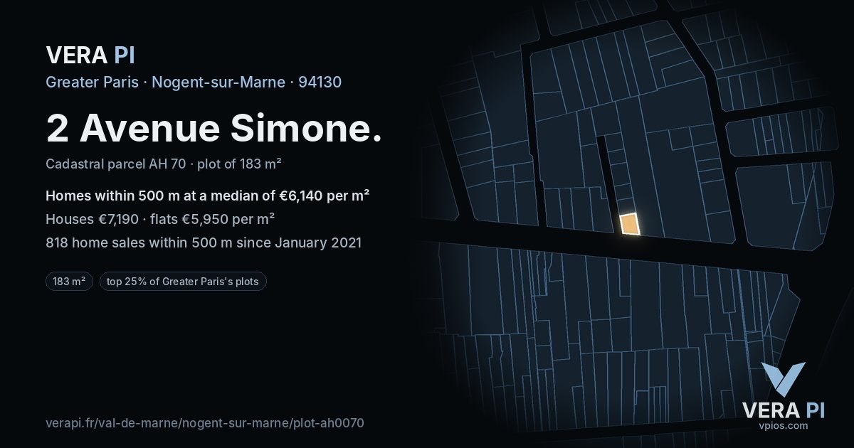 2 Avenue Simone, Nogent-sur-Marne at night – the plot lit, the parcels around coloured by the prices near them