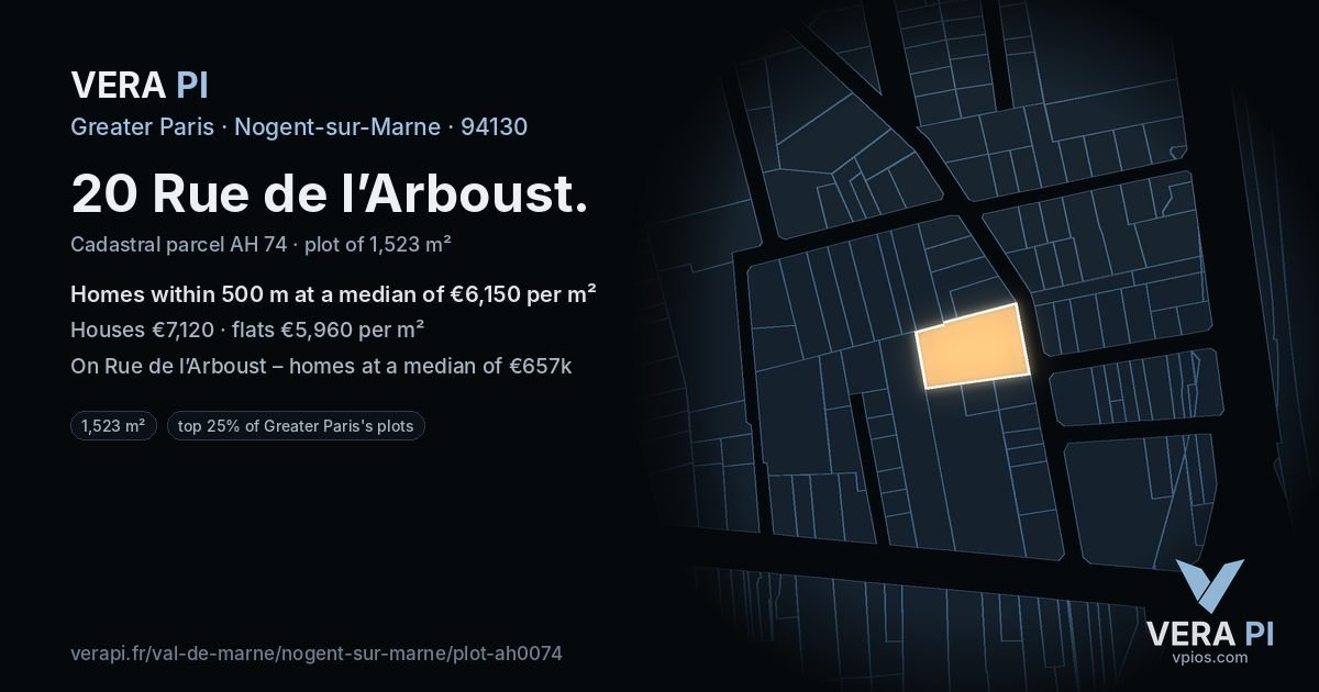 20 Rue de l’Arboust, Nogent-sur-Marne at night – the plot lit, the parcels around coloured by the prices near them