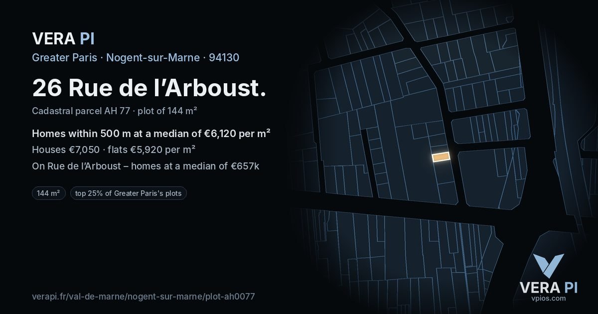 26 Rue de l’Arboust, Nogent-sur-Marne at night – the plot lit, the parcels around coloured by the prices near them