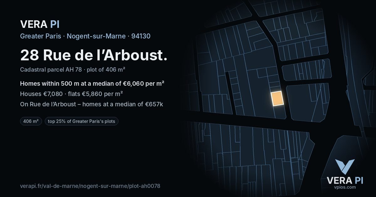 28 Rue de l’Arboust, Nogent-sur-Marne at night – the plot lit, the parcels around coloured by the prices near them