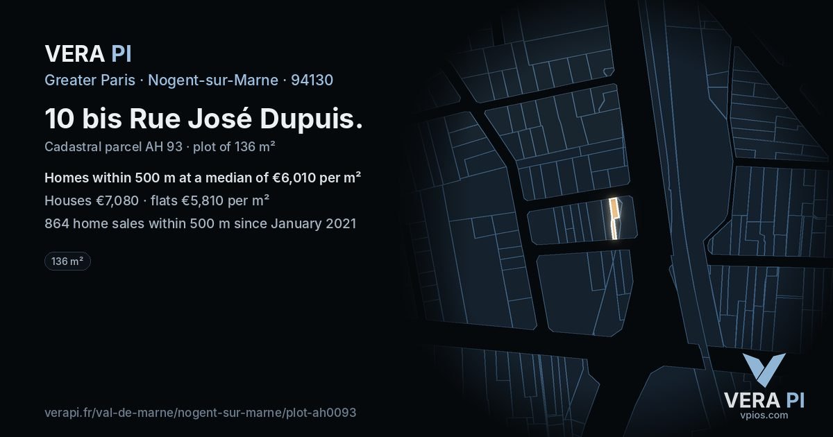 10 bis Rue José Dupuis, Nogent-sur-Marne at night – the plot lit, the parcels around coloured by the prices near them