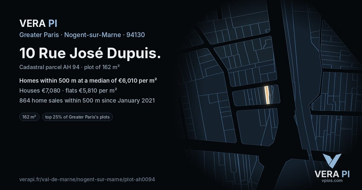 10 Rue José Dupuis, Nogent-sur-Marne at night – the plot lit, the parcels around coloured by the prices near them