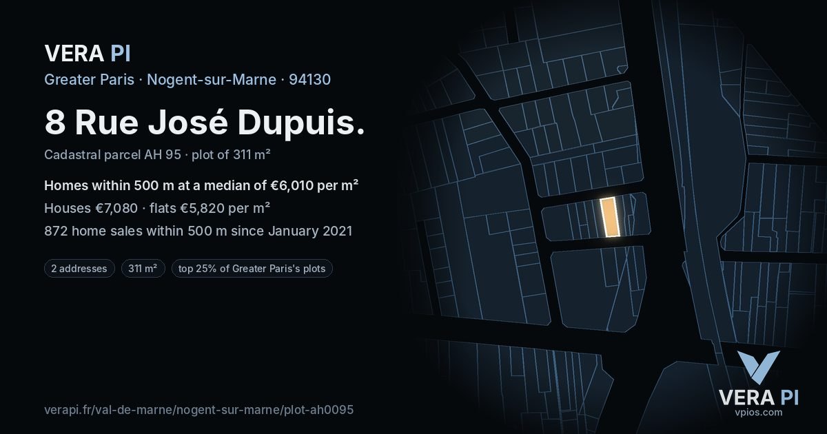 8 Rue José Dupuis, Nogent-sur-Marne at night – the plot lit, the parcels around coloured by the prices near them