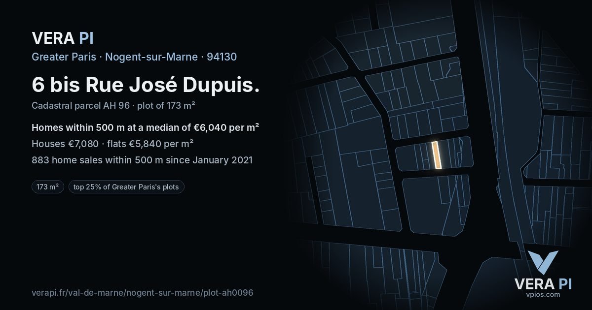 6 bis Rue José Dupuis, Nogent-sur-Marne at night – the plot lit, the parcels around coloured by the prices near them